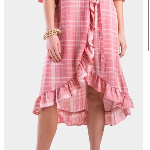 Leticia Plaid Pink Romantic Ruffle Wrap dress midi women’s new size xs - Picture 6 of 8